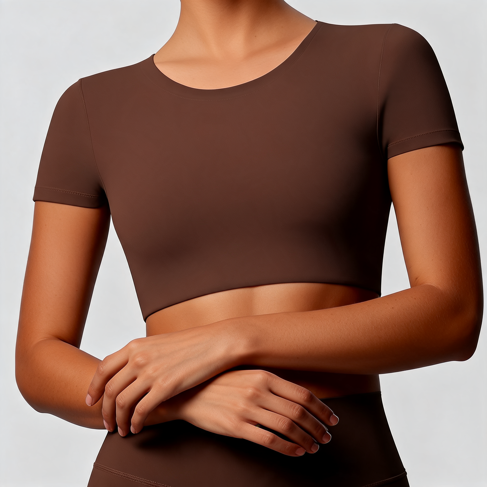 Vanir Cropped Tee, arms crossed, Chestnut